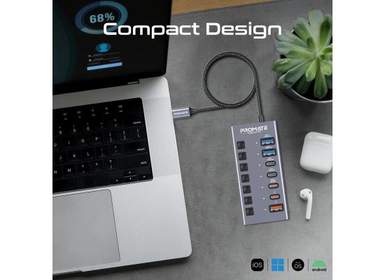 Promate GegaHub-10G 7-in-1 USB-C multiport Hub, Dual USB-C and USB-A ports with 10Gbps Date Transfer, Fast charging USB-C and USB-A ports, 20W USB-C PD Porty 